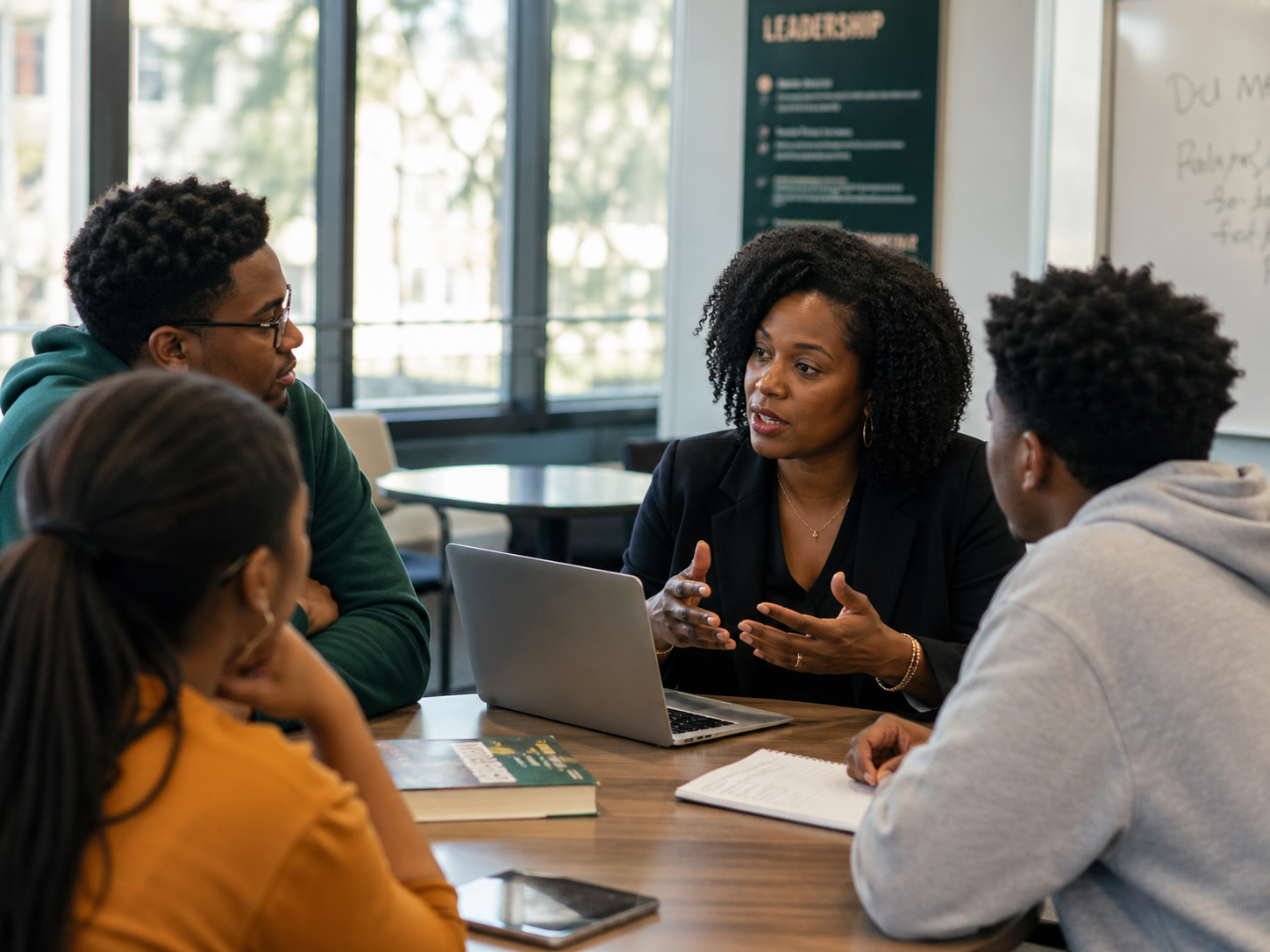 Mentor leading college students in a guided discussion for leadership and enrichment.