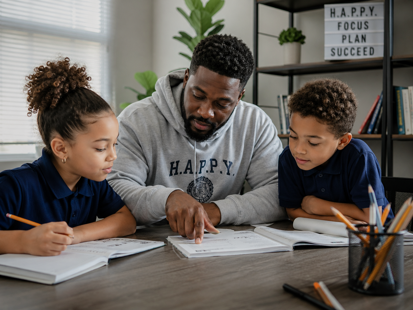 Tutor helping elementary students with academic work during a structured H.A.P.P.Y. support session.